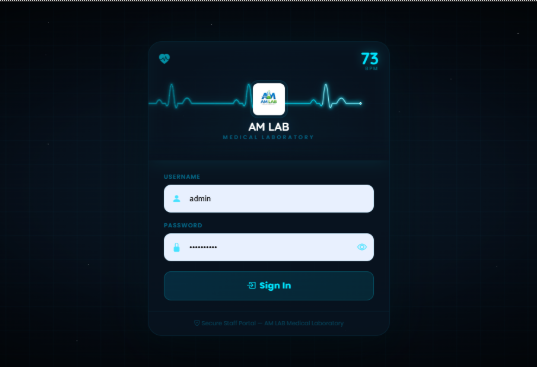 AM LAB Medical Laboratory branded staff sign-in screen with an ECG-style header graphic