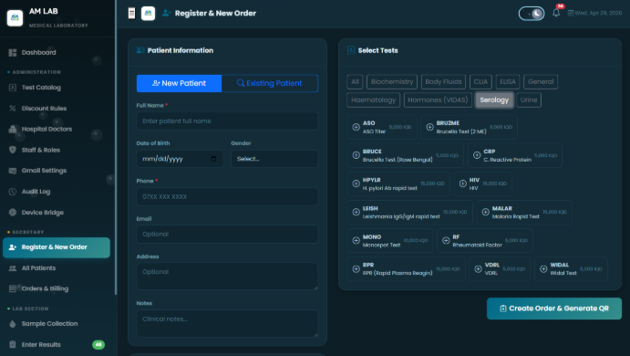 AM LAB register and new order screen: patient information form beside a searchable, category-filtered test catalog with prices