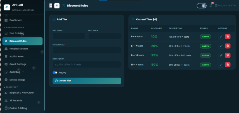 AM LAB discount rules admin: form to add a discount tier beside a table of active tiers from 10% to 50% based on test count